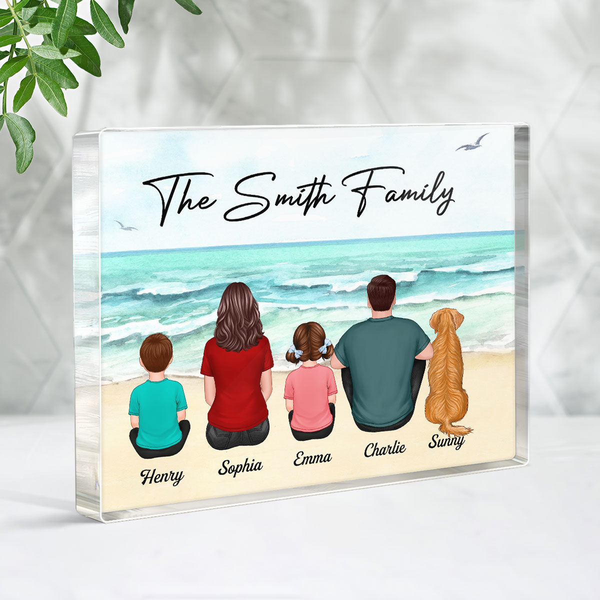 Family Couple Kid Dog Cat Sitting At Beach Personalized Horizontal Rectangle Acrylic Block Plaque
