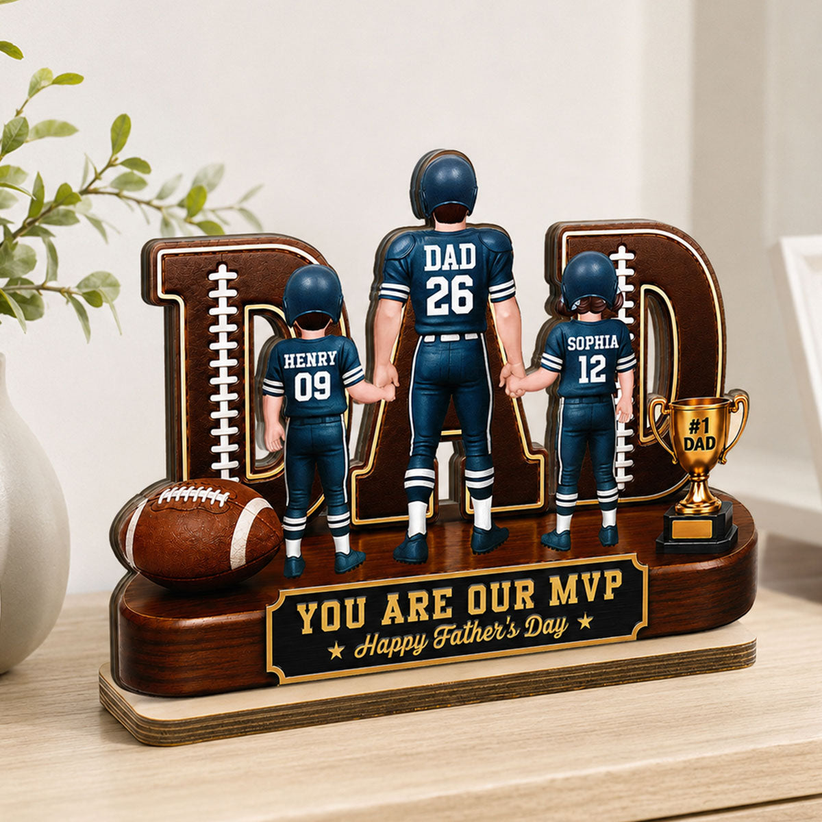 American Football No 1 Dad Legend Daddy's Dream Team - Personalized 2-Layered Wooden Plaque - Father's Day Gift For Dad