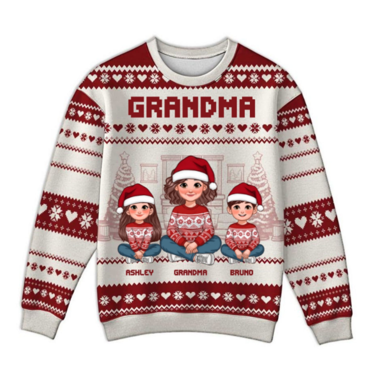 Animated Grandma Grandkids Christmas Personalized Faux Knitting Ugly Sweater