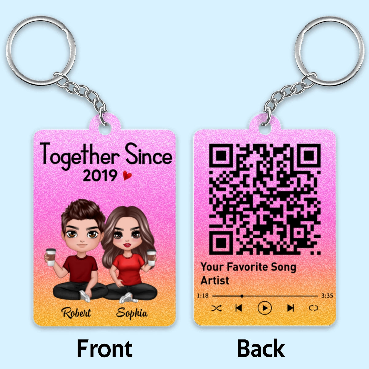 Doll Couple Sitting Together Glitter Effect Favorite Song Scannable QR Code Personalized Acrylic Keychain [Not Real Glitter]