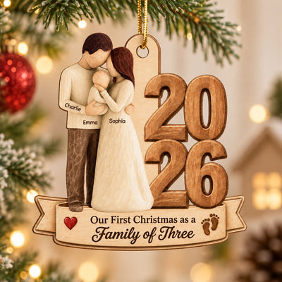 Our First Christmas As Family Of Three Custom Year 2D Flat Printed - Personalized Wooden Ornament - Christmas Tree Keepsake For New Parents