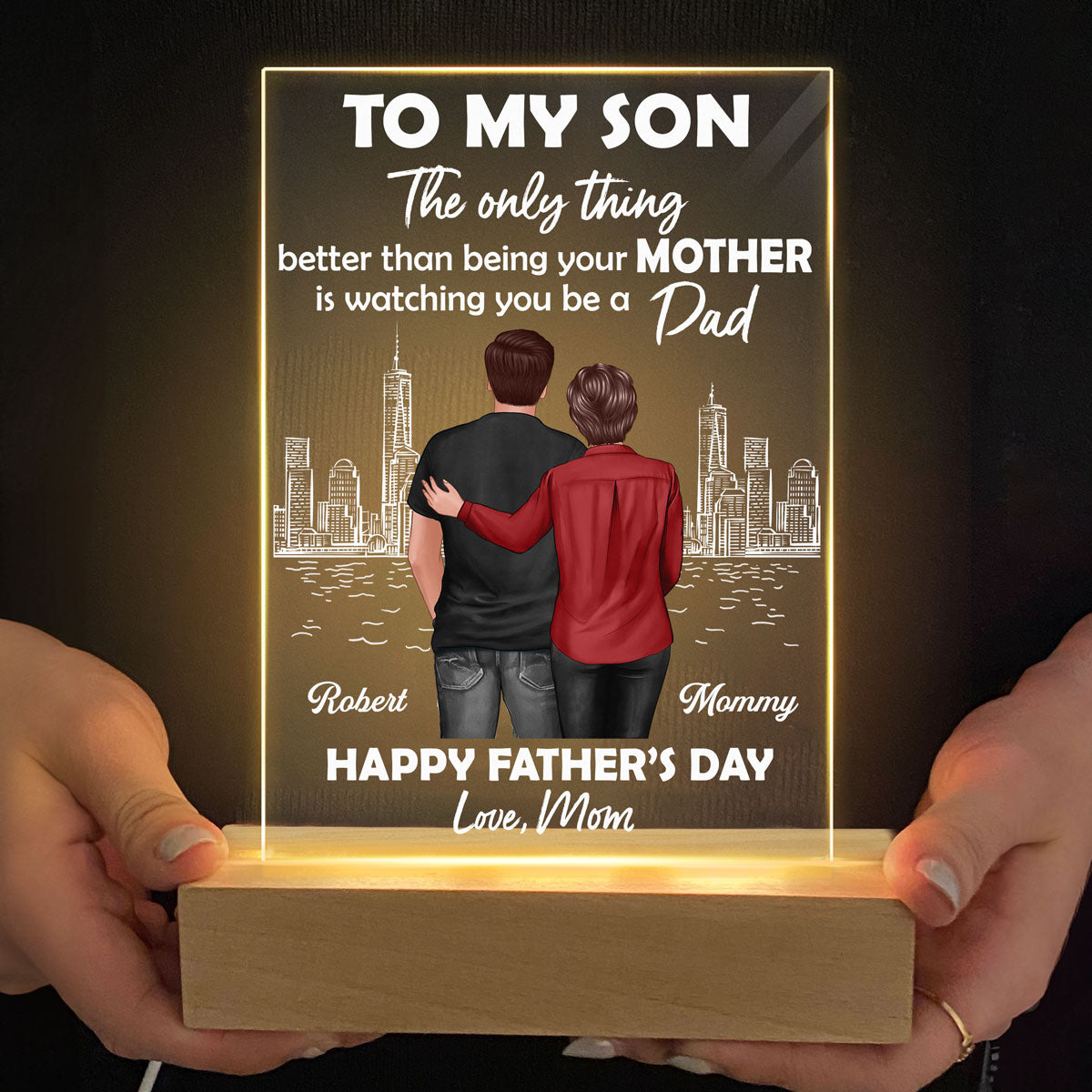 Skyline To My Son From Mom Happy Father‘s Day Back View Personalized Rectangle Acrylic LED Night Light