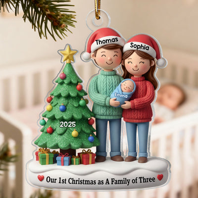 3D Effect First Christmas As Family Of Three Mom Dad & Baby By Tree - Personalized Acrylic Ornament