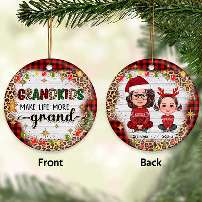 Checkered And Leopard Grandma Grandkids Sitting Personalized Double Sided Circle Ornament