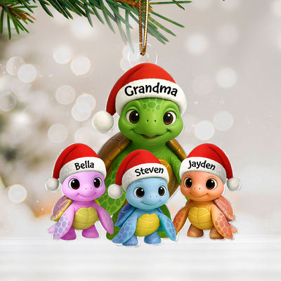 3D Effect Cute Christmas Sea Turtles Grandma And Grandkids - Personalized Acrylic Ornament