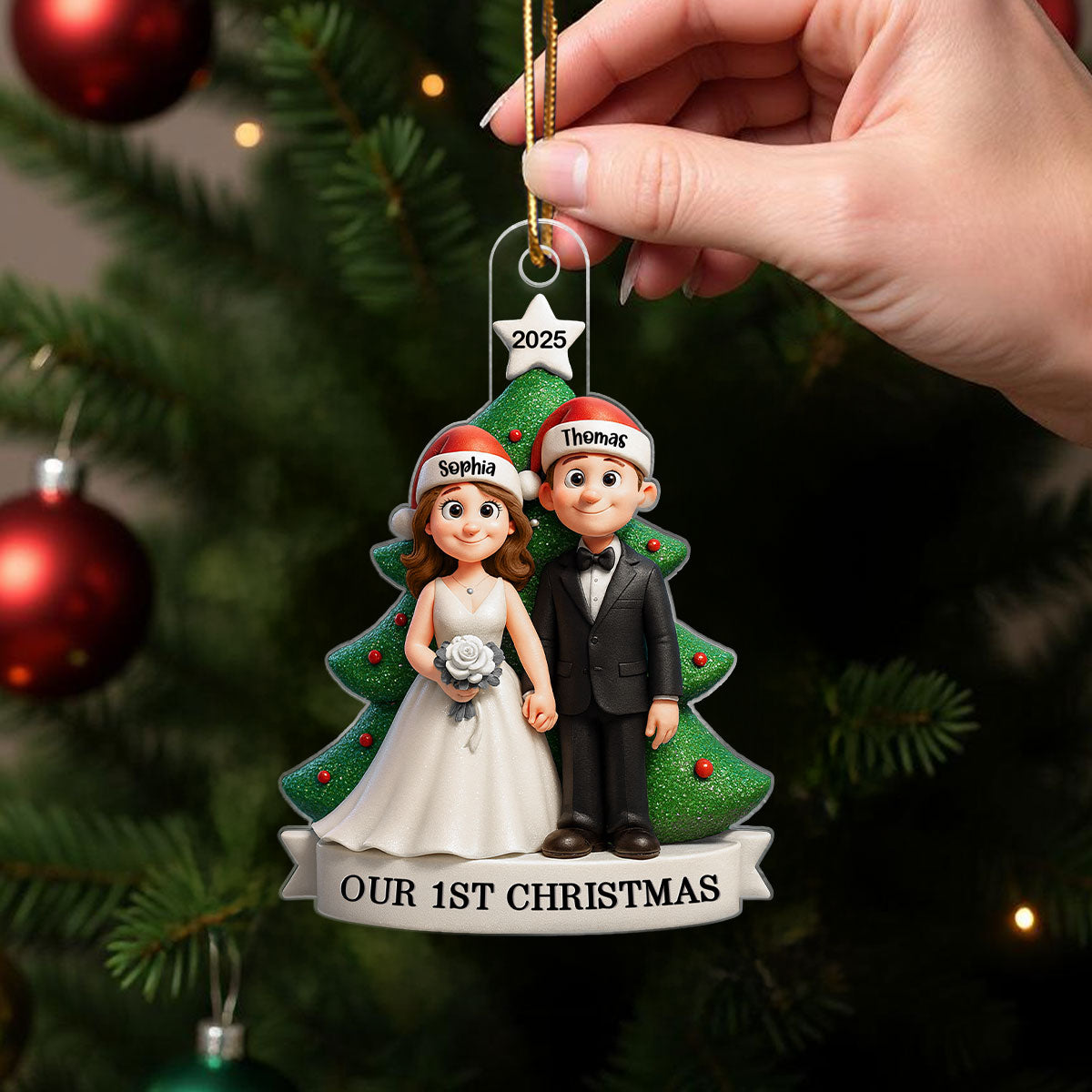 Groom & Bride Under Tree First Christmas Personalized Acrylic Ornament | Just Married Newlyweds Marriage Keepsake