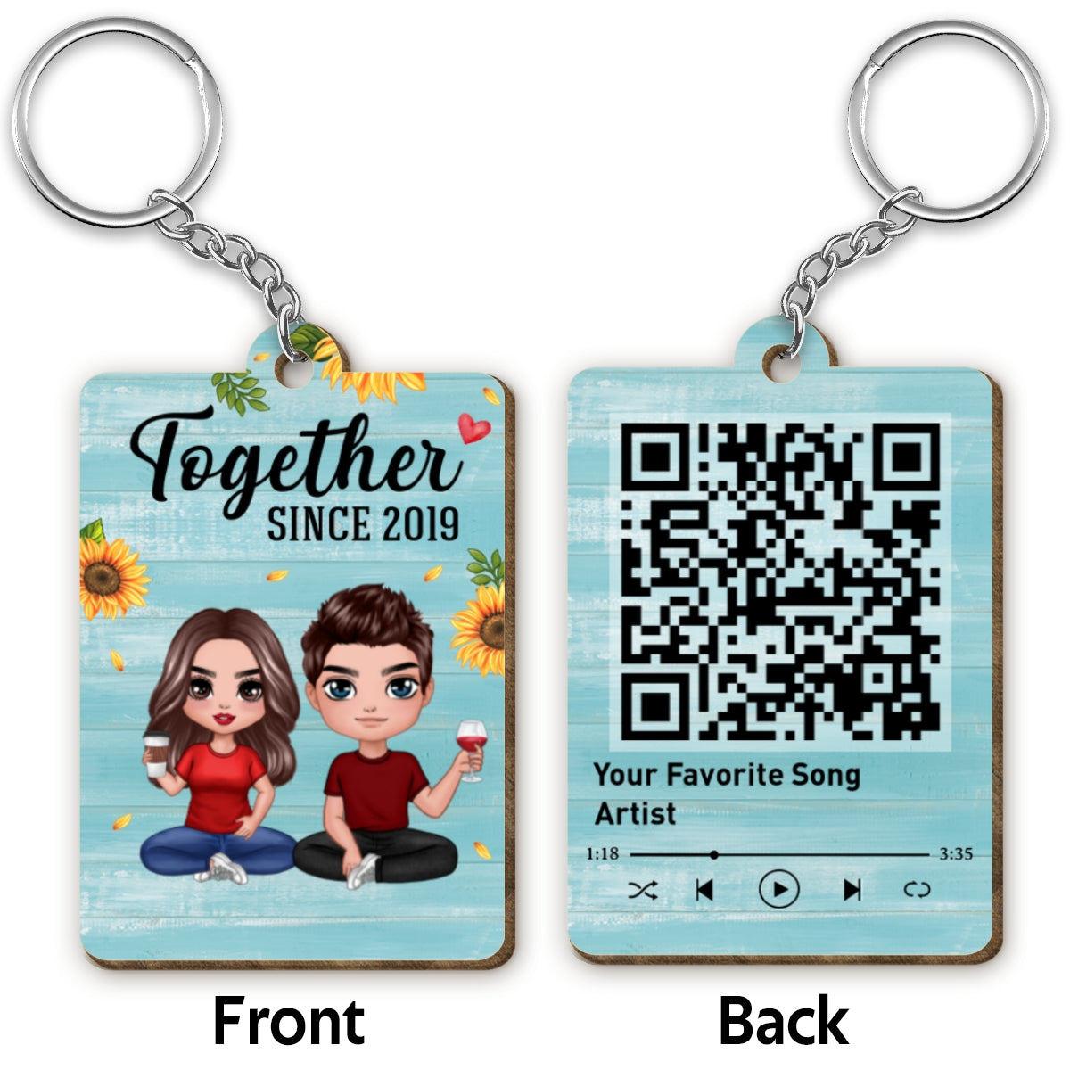 Blue Wood Doll Couple Sitting Favorite Song QR Code Personalized Wooden Keychain