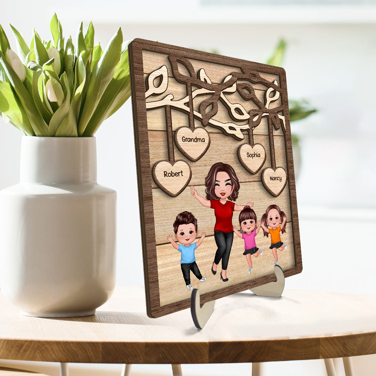 Happy Grandma Grandkids Under Tree Personalized 2-layer Wooden Plaque