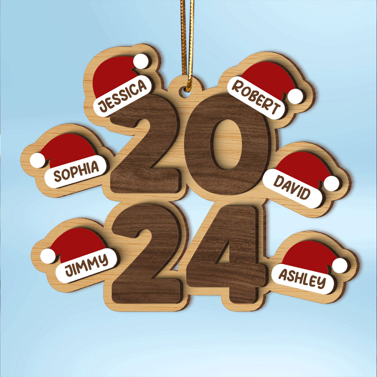 Family Stacked 2024 Santa Hats Personalized 2-Layer Wooden Ornament, Christmas Gift