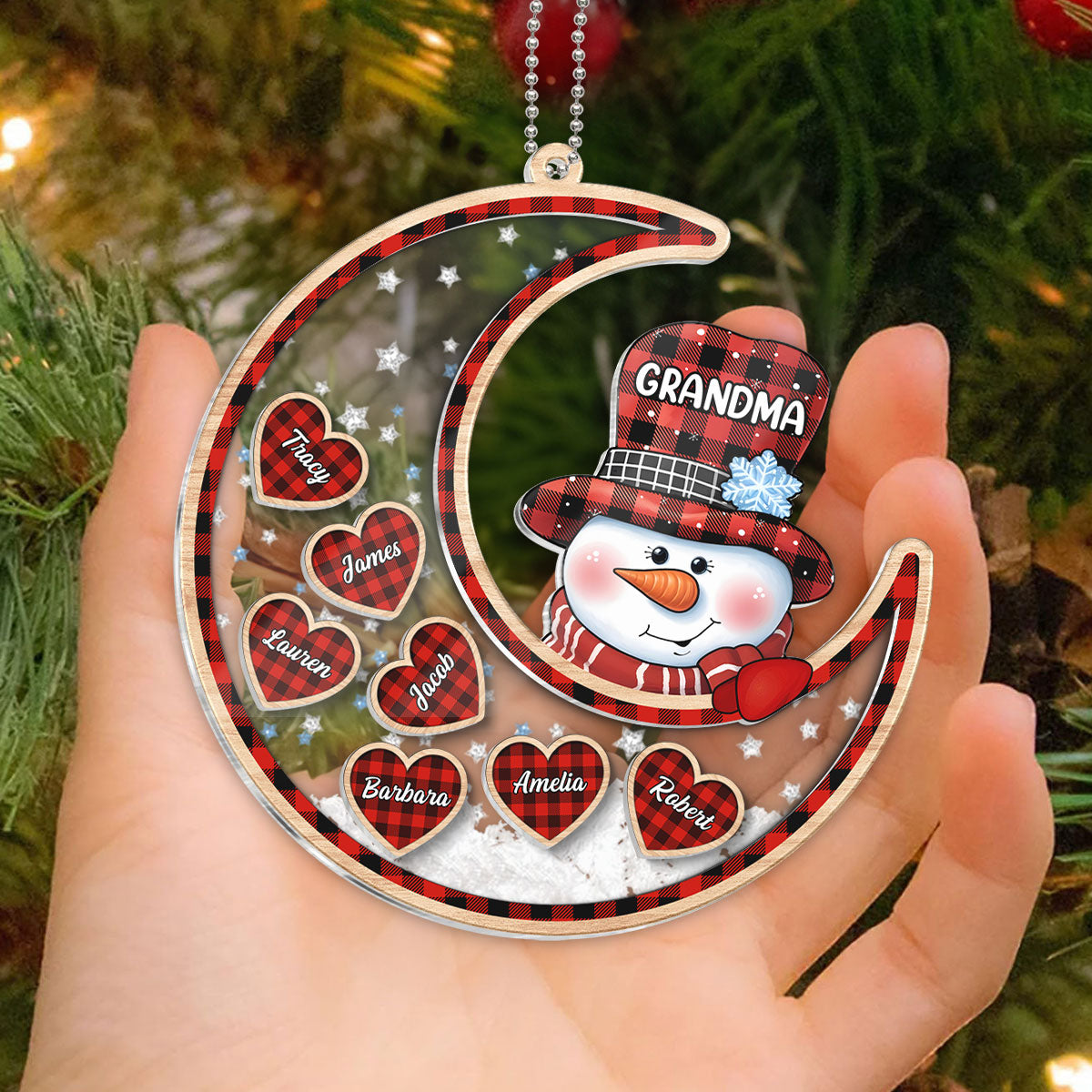 Grandma Snowman On Moon Personalized Shaker Ornament, Christmas Gift For Grandma & Grandchildren
