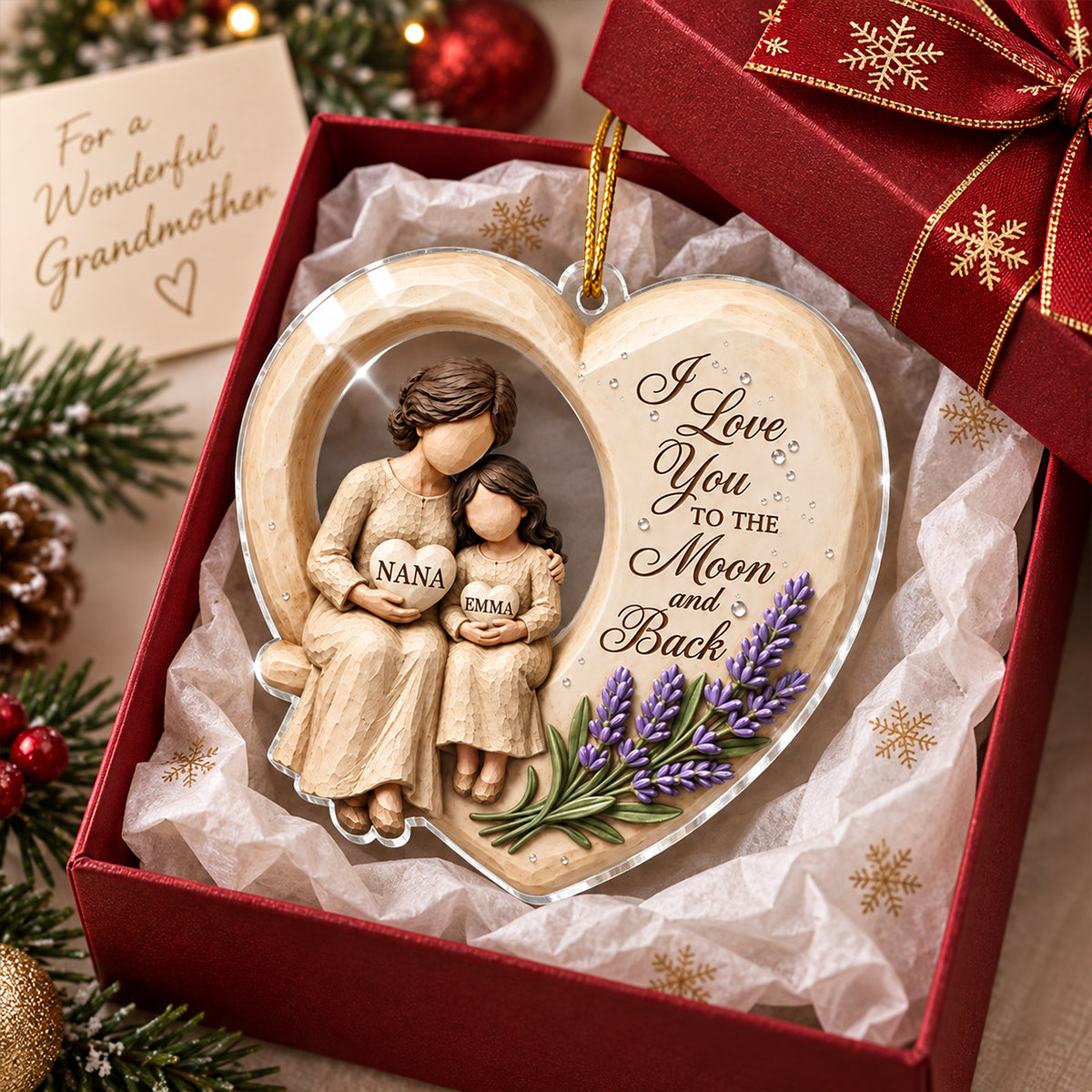 Grandma Loves to the Moon and Back - Personalized Acrylic Ornament - Christmas Gift for Granddaughter Grandson