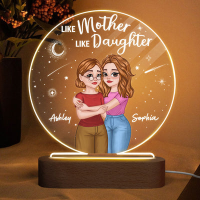 Mother Daughter Hugging Cartoon Under Starry Night Personalized Circle Acrylic Plaque With LED Night Light