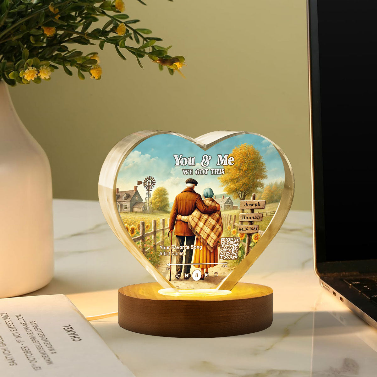 Couple Growing Old Together Favorite Song Scannable QR Code Personalized Premium Crystal Heart LED, Free Shipping Included