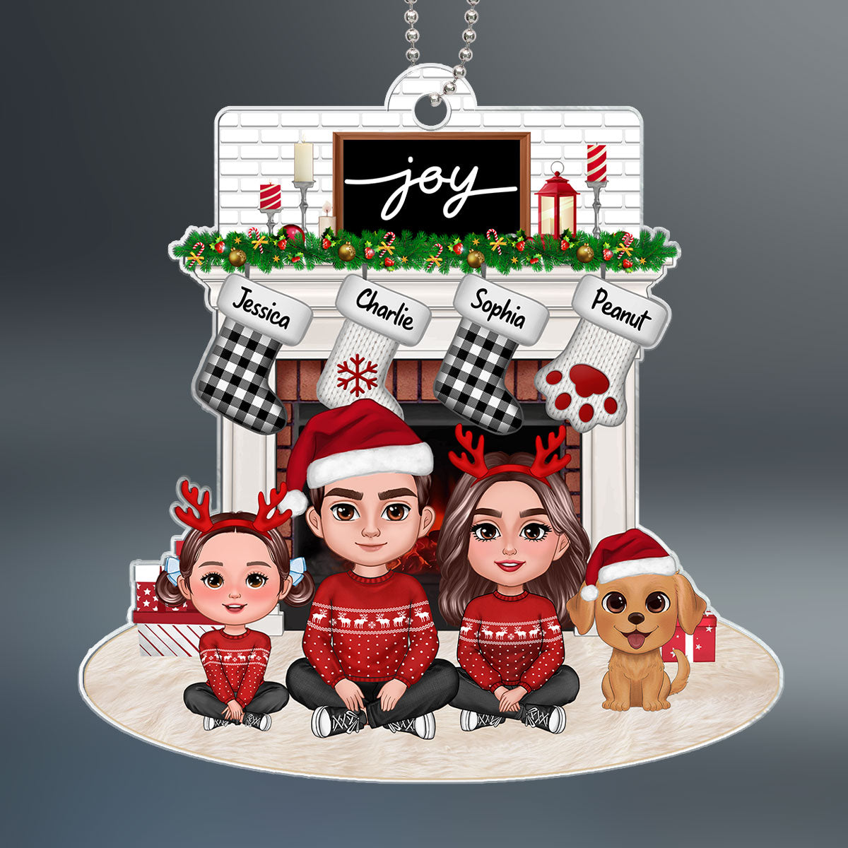 Family Dad Mom Kids Dogs Cats Crossed Legs Sitting At Christmas Fireplace Personalized Acrylic Ornament