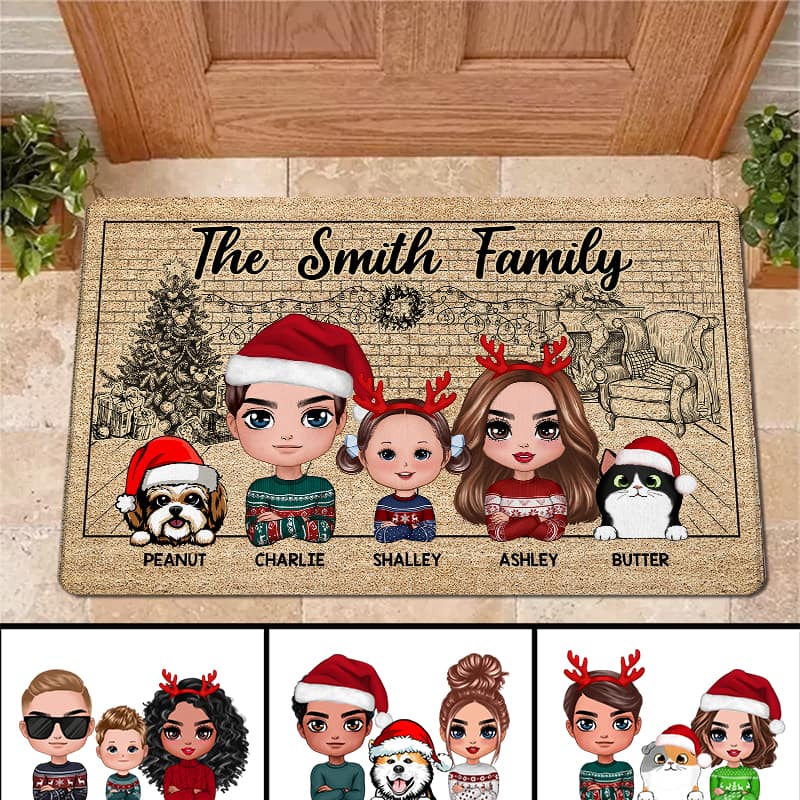 Christmas Sketch Background Family Dad Mom Kids Dogs Cats Personalized Doormat