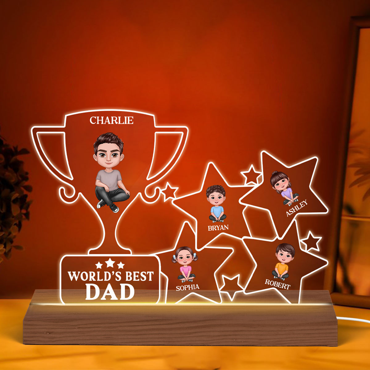 World‘s Best Dad Trophy And Stars Personalized Warm Acrylic Custom Shape LED Night Light