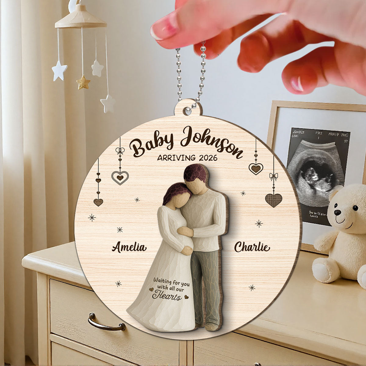 2D Flat Waiting For You With All Our Hearts Couple Expecting Baby - Personalized 2-Layer Wooden Ornament, Baby Shower Gift For Parents-to-be