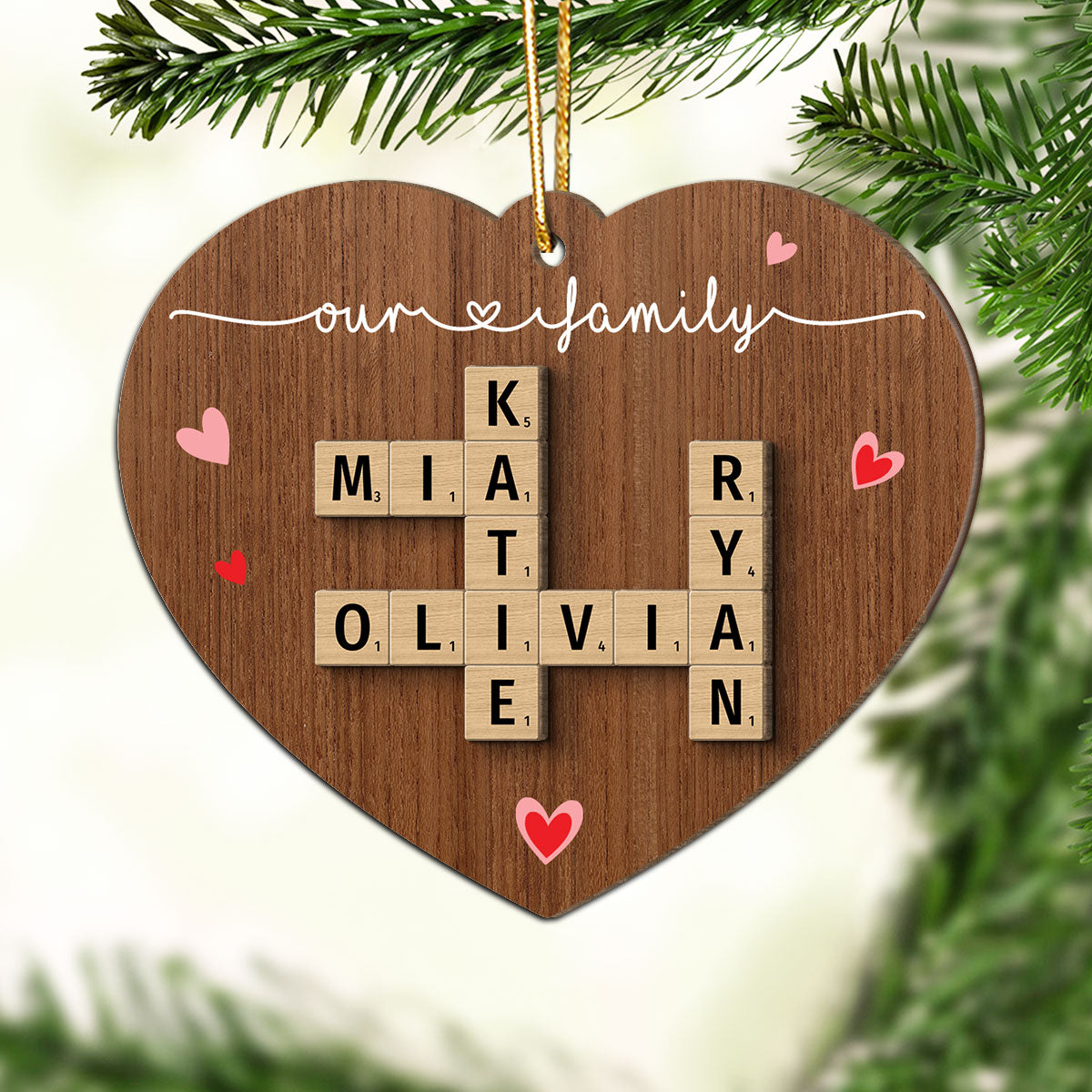 Family Crossword Puzzle Art Personalized Heart Shaped 2-Layer Wooden Ornament