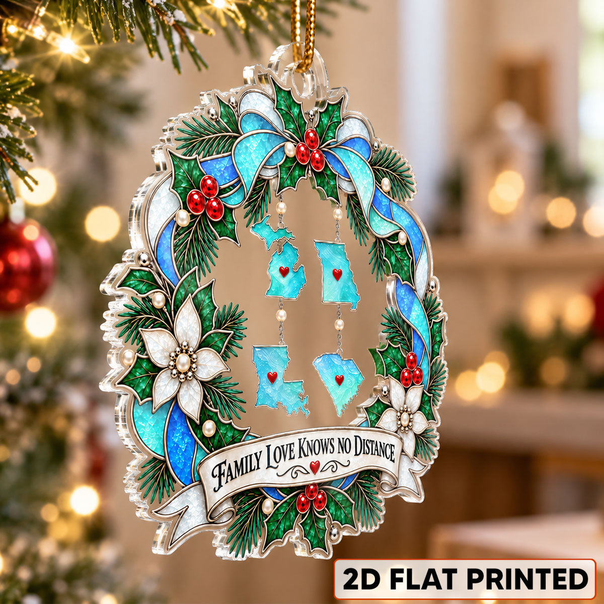 Trending Family Love Knows No Distance Custom States - Personalized Acrylic Ornament - Long Distance Family Gift