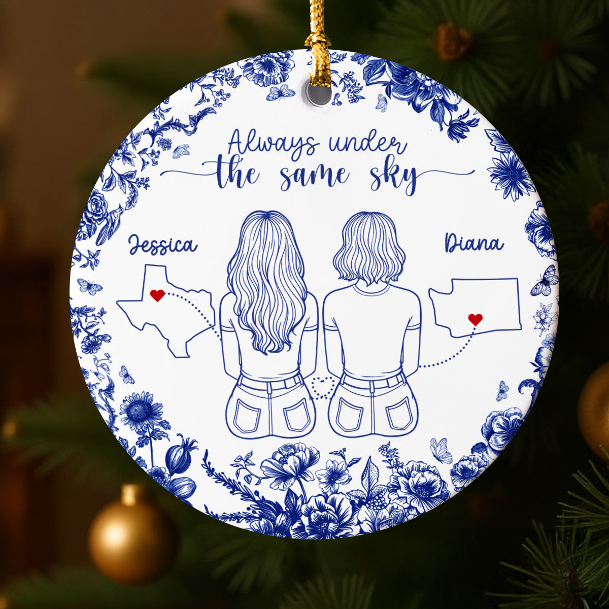 Chinoiserie Pattern Long Distance Besties State Map Personalized Ceramic Ornament