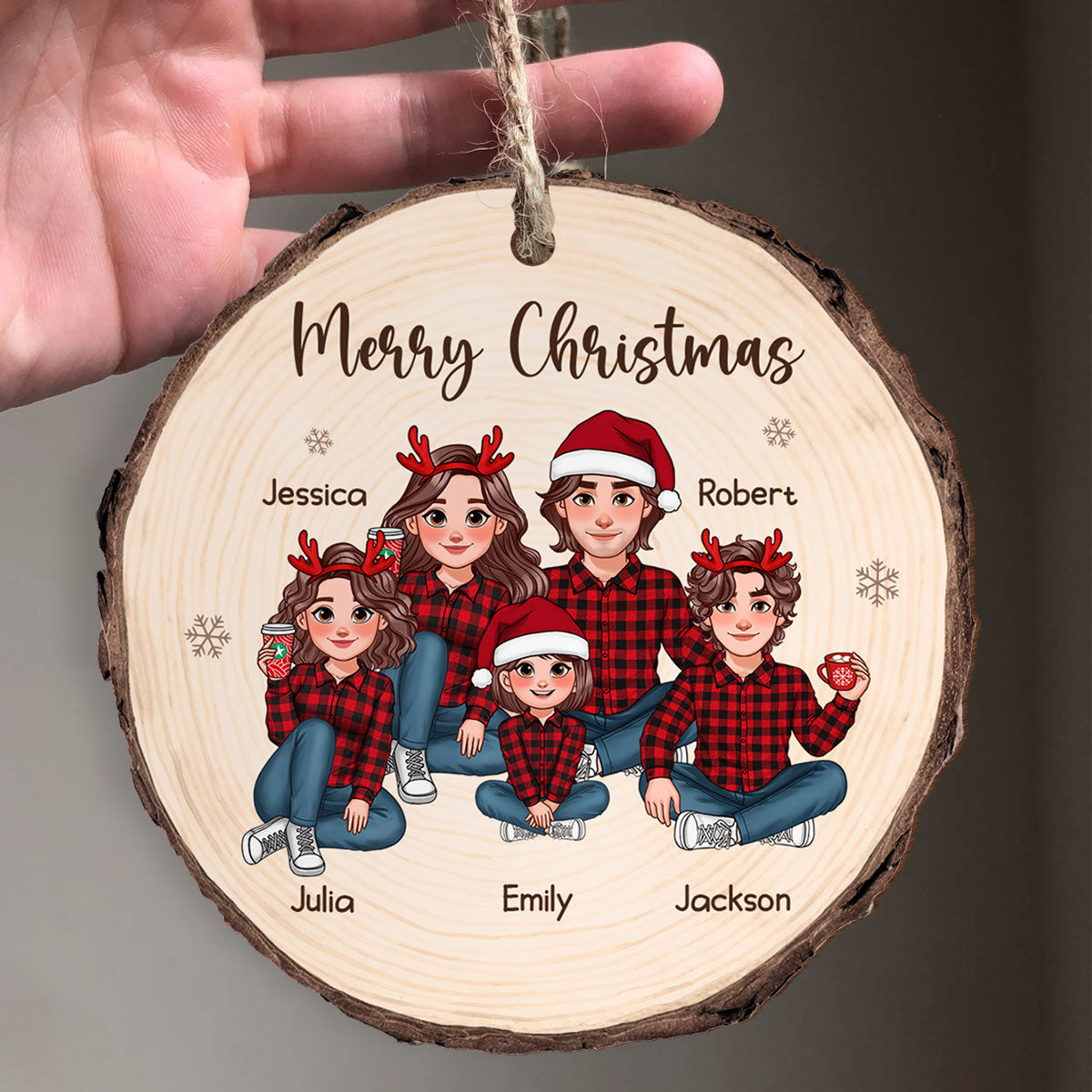 Animated Family Wood Slice Christmas Personalized Wooden Ornament