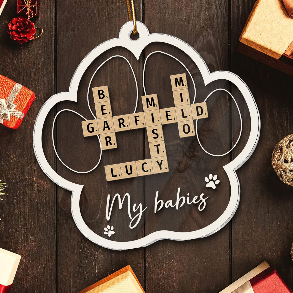 My Babies Dog Cat Names Crossword Puzzle Art Personalized Paw Shaped Acrylic Ornament