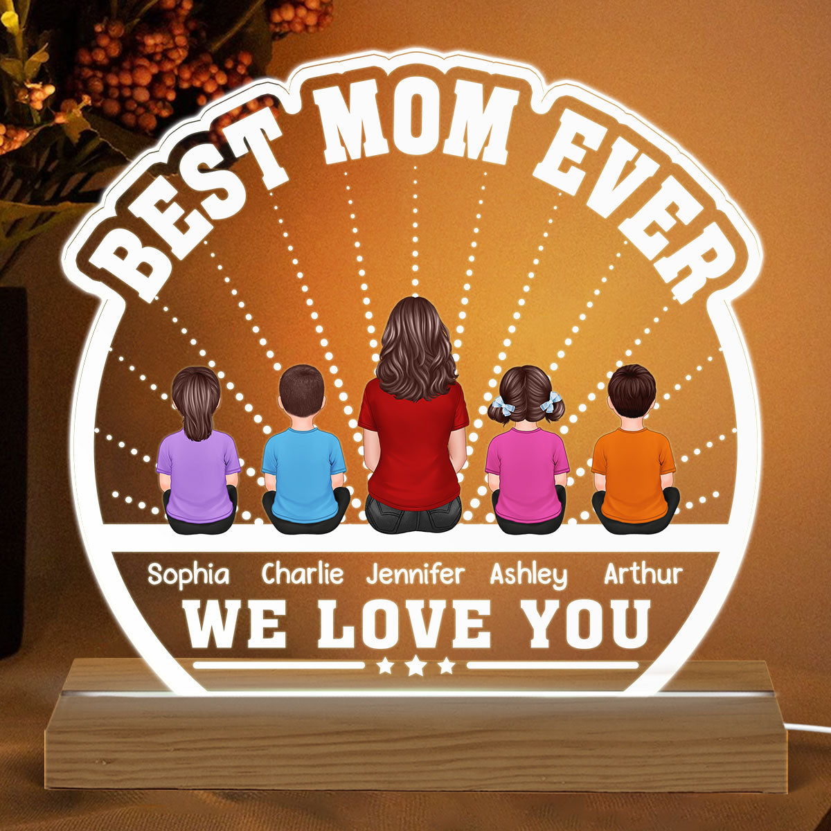 Best Mom Ever Back View Man Kids Dog Cat Personalized Custom Shaped Acrylic Plaque With LED Night Light