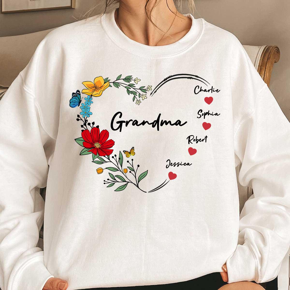Grandma Mom Hearts Flower Kids Names Personalized Shirt