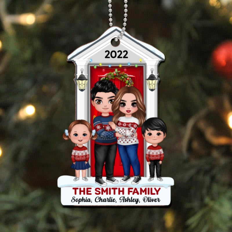 Doll Family Standing On The Front Porch Christmas Personalized Wooden Ornament