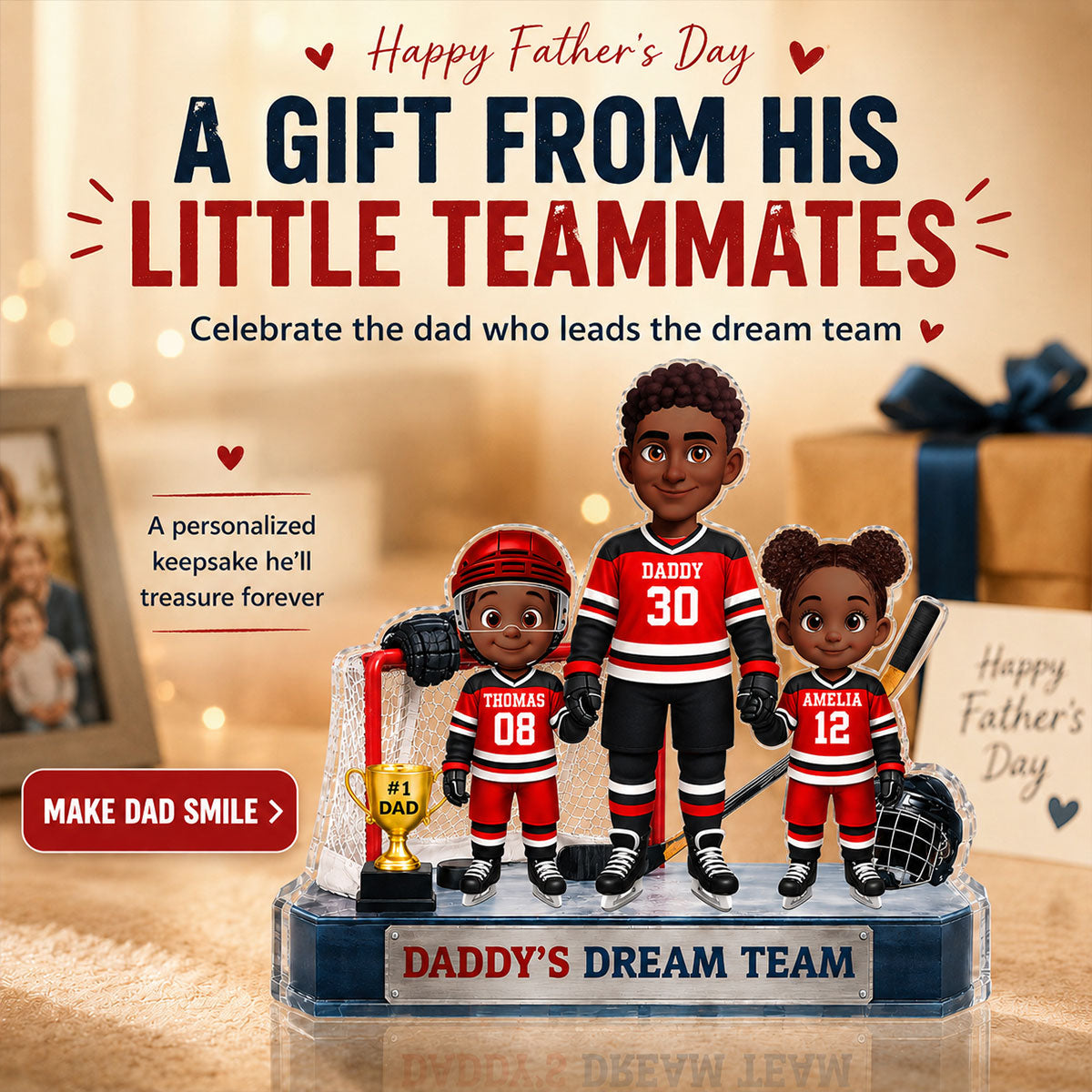 Daddy's Dream Team Hockey Dad & Kids - Personalized Acrylic Block Plaque - Father's Day Gift For Dad, Husband
