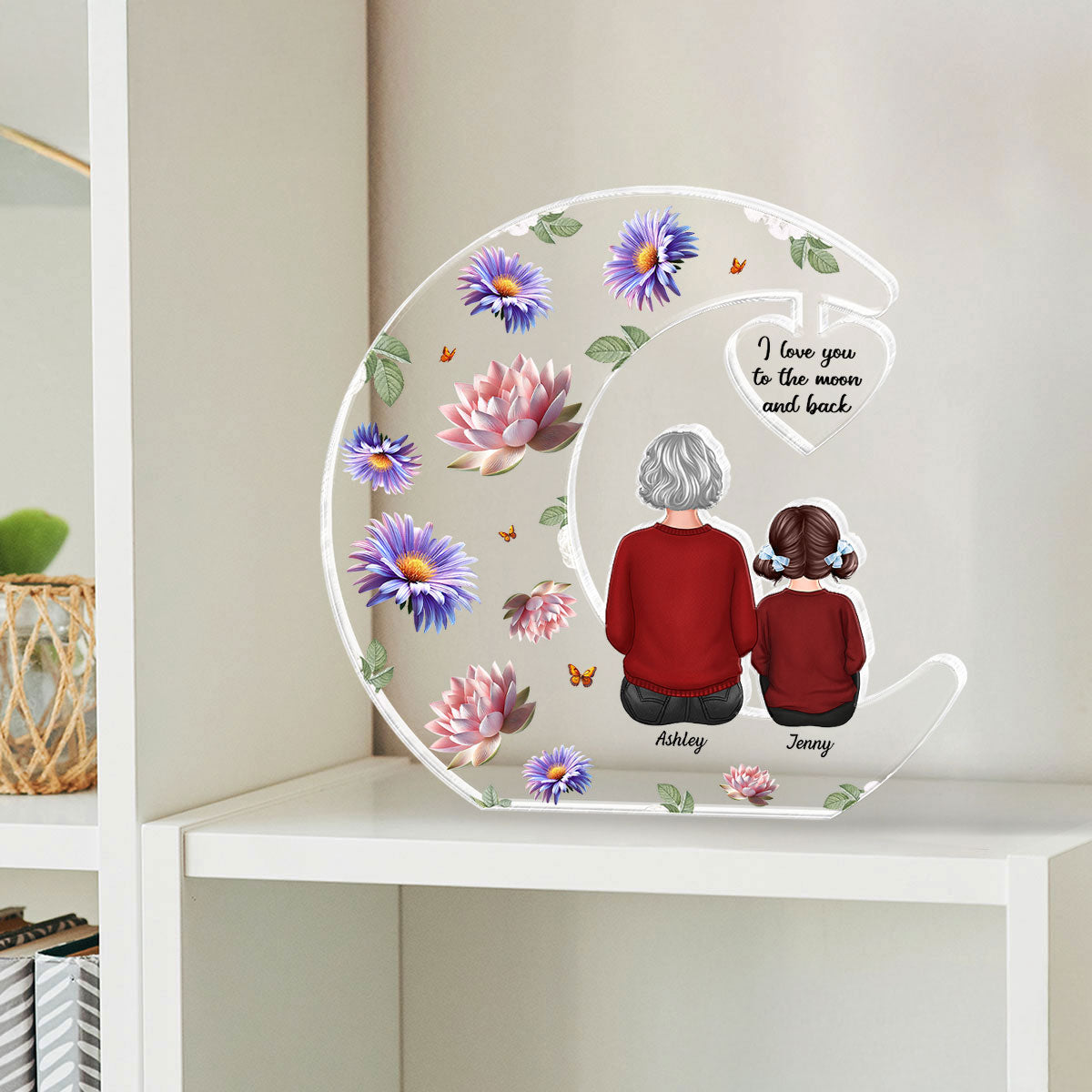 Grandma I Love You to the Moon and Back, Birth Month Flowers Personalized Acrylic Plaque