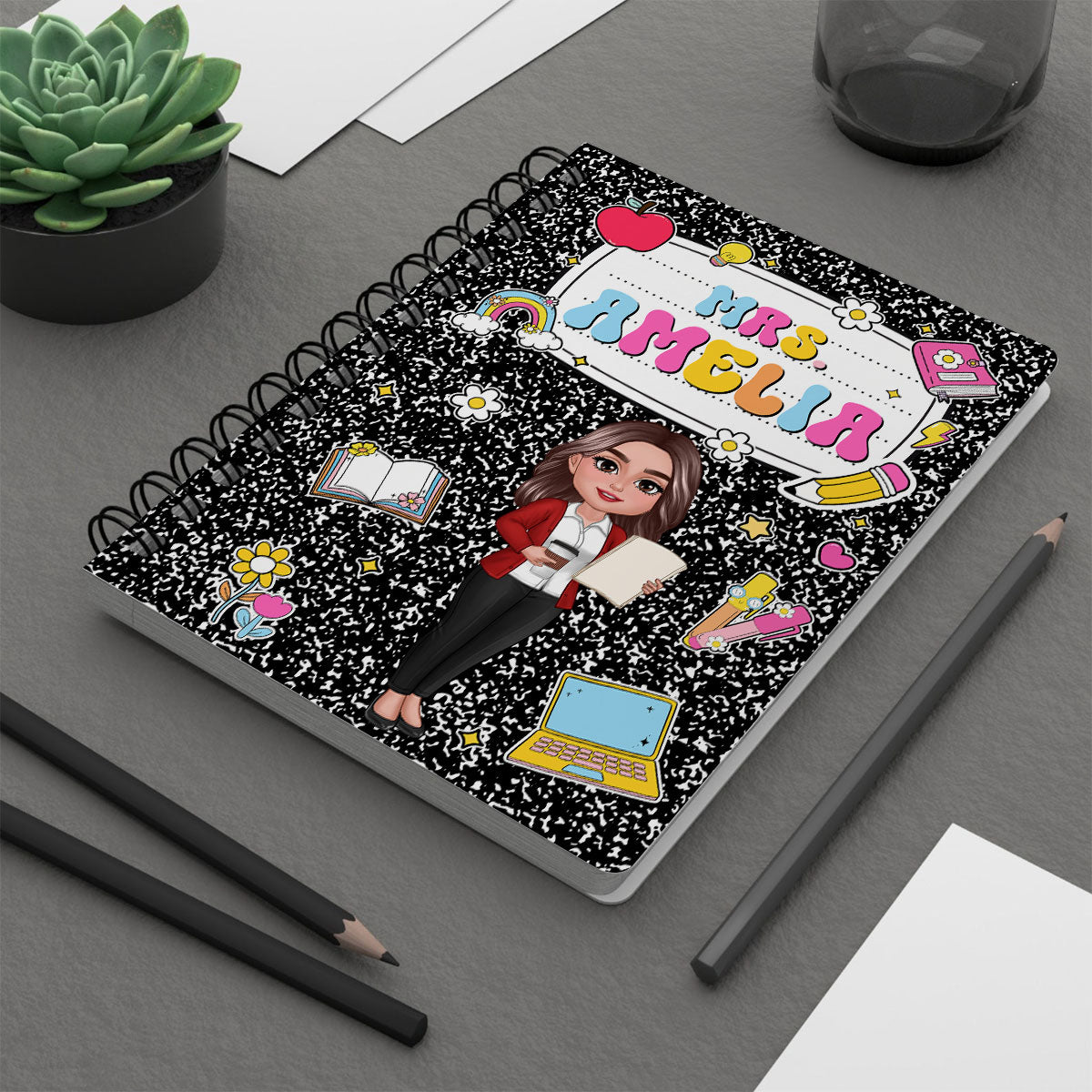 Teacher Composition Book Pattern Personalized Spiral Notebook Journal, Gift For Teacher, Back To School Stationery