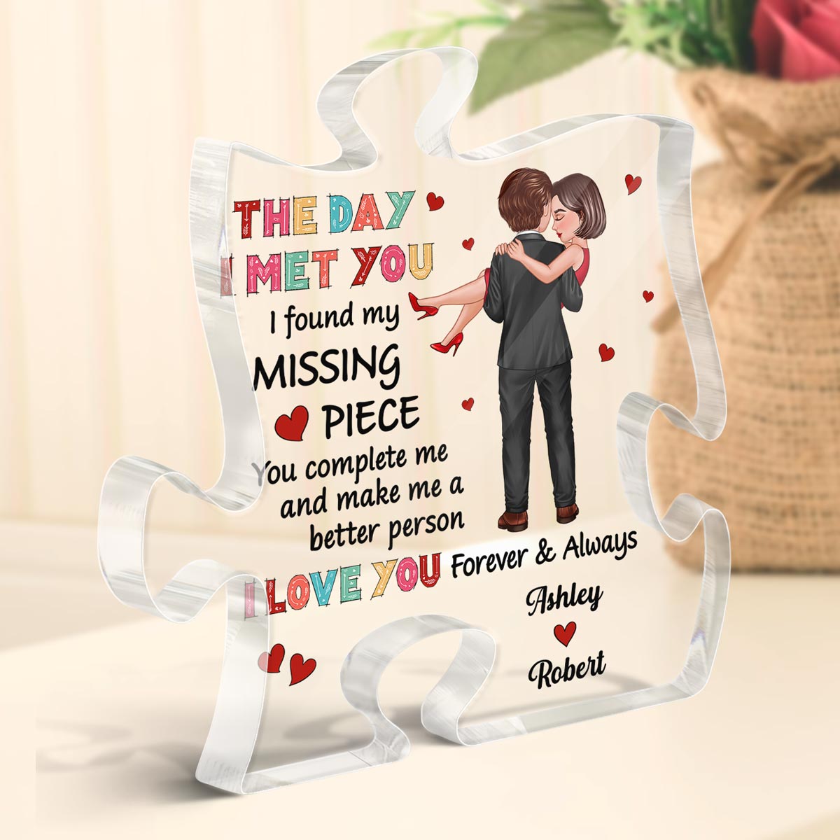 Colorful Pattern Embracing Hugging Couple Personalized Puzzle Acrylic Plaque
