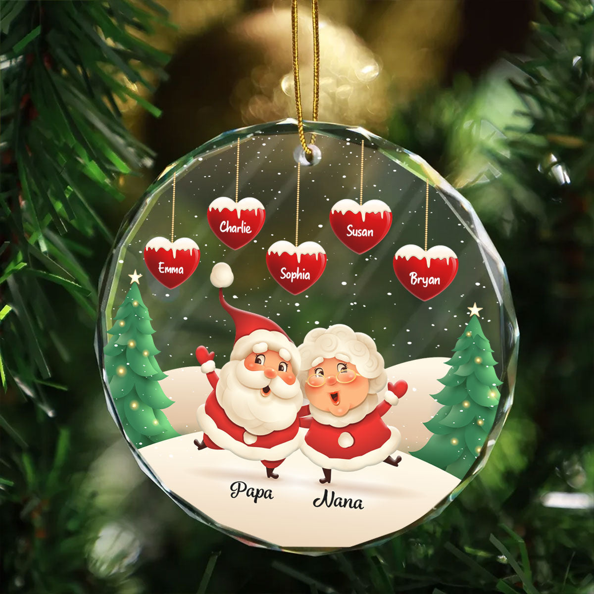 Papa Nana Claus Hearts Kids Names Personalized Glass Ornament