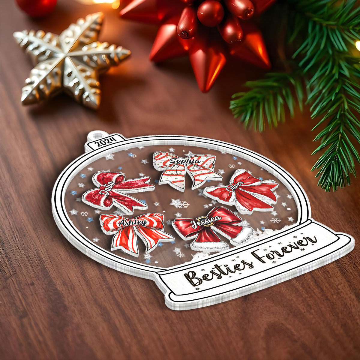Besties Sisters Christmas Bow Personalized Shaker Ornament, Christmas Gift for Besties Sisters
