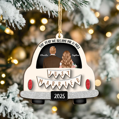 Groom & Bride In Car Personalized 2-Layer Wooden Ornament | Just Married Newlyweds Marriage Keepsake