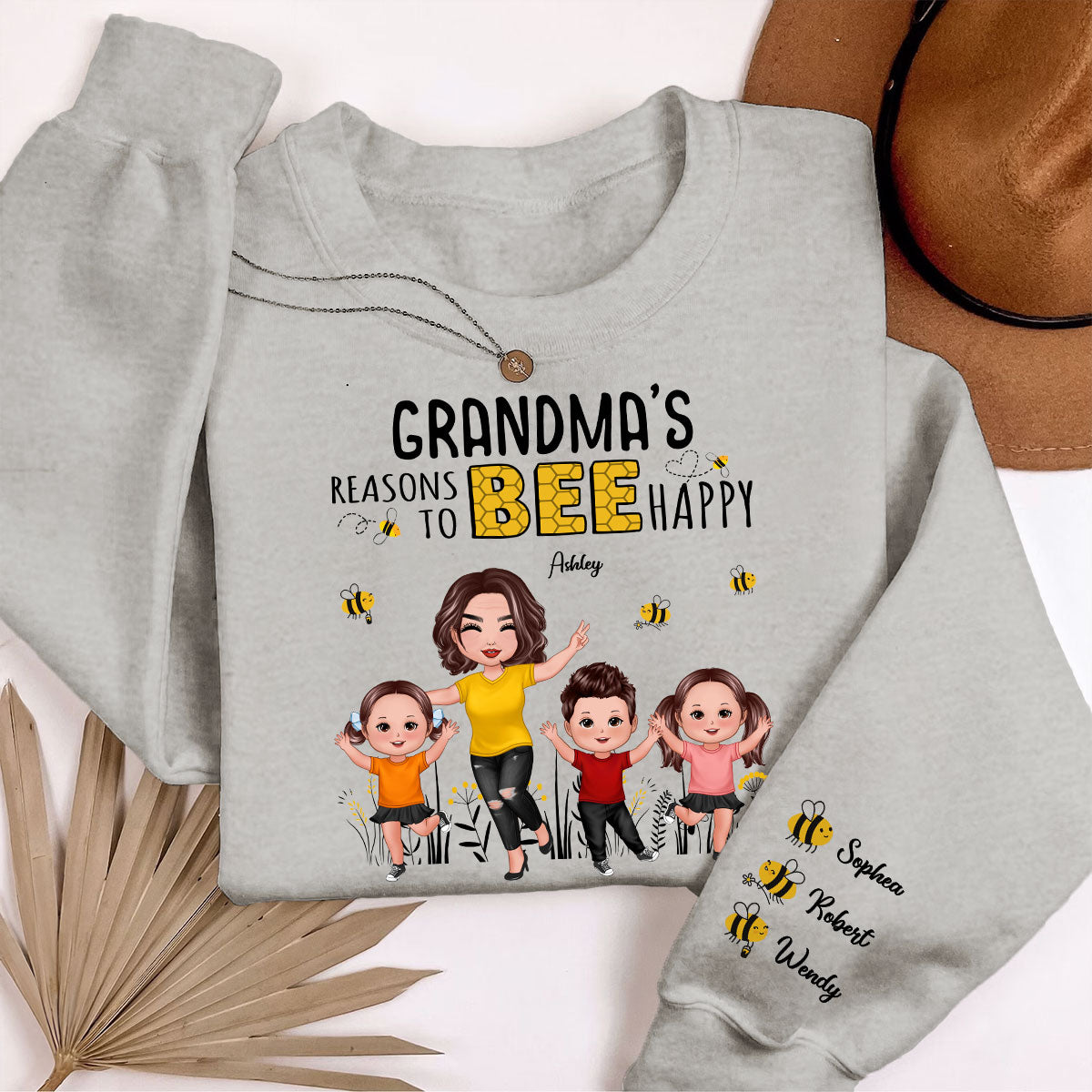 Grandma's Reasons To Be Happy Personalized Sleeved Printed Sweatshirt, Gift For Grandma