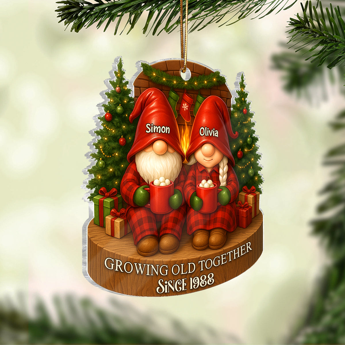 Gnome Couple With Hot Cocoa - Personalized Acrylic Ornament - Special Christmas Gift For Grandma, Grandpa, For Her, For Him