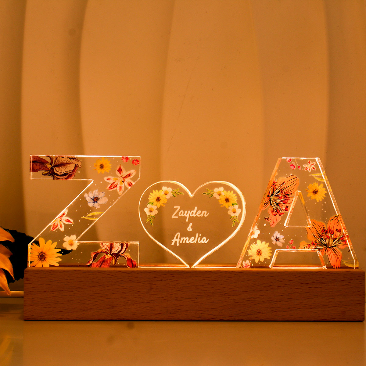 Couple Initial Letter, Flower Birth Month, Personalized LED Night Light, Romantic  Gift for her, Gift for him