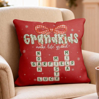 Grandkids Make Life Grand Coquette Floral Christmas Pattern Crossword Puzzle Art - Personalized Pillow