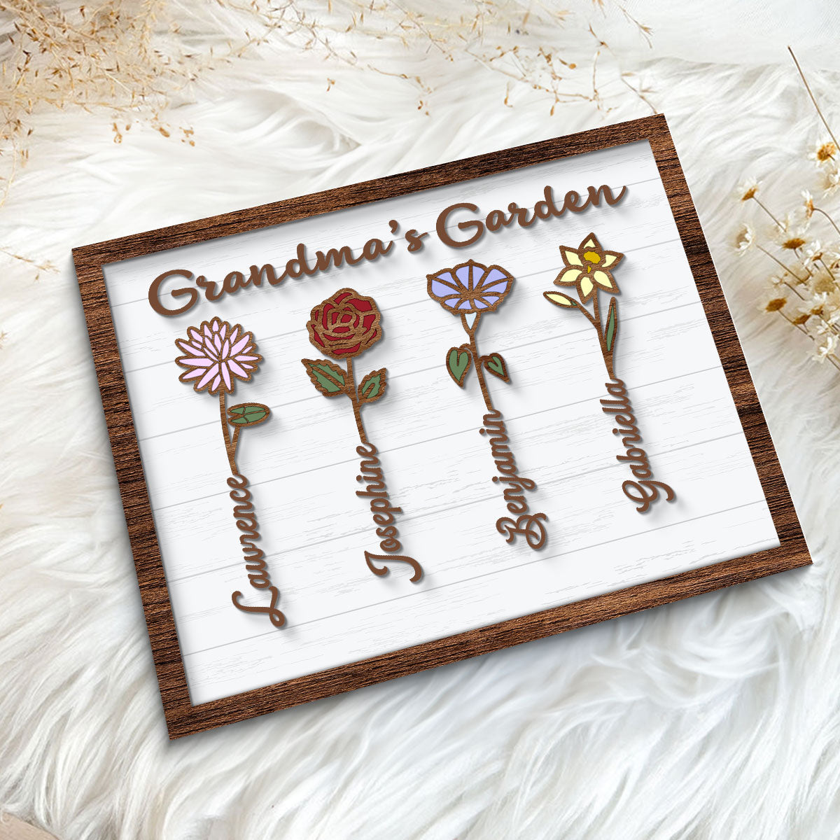 Grandma Mom Birth Month Flowers Love Grows Here Personalized 2-layer Wooden Plaque