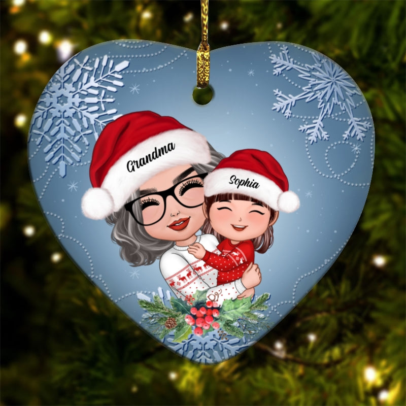 Doll Grandma Hugging Granddaughter Grandson In Winter Theme Personalized Heart Ornament