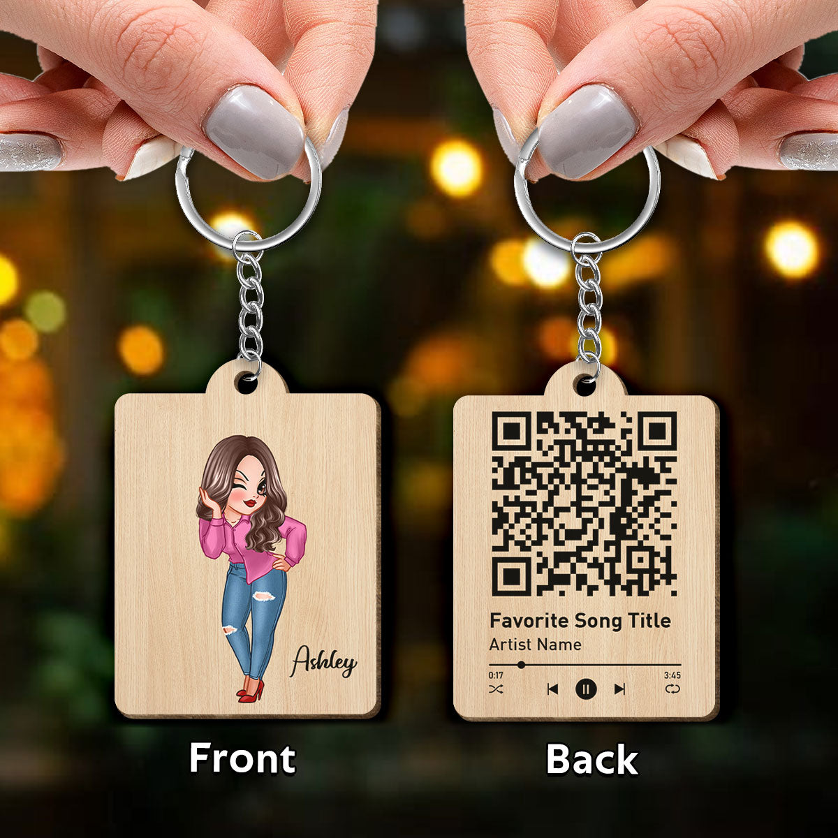 Custom Character Family Members Favorite Song Scannable QR Code Birthday Gift For Family FriendsPersonalized Wooden Keychain