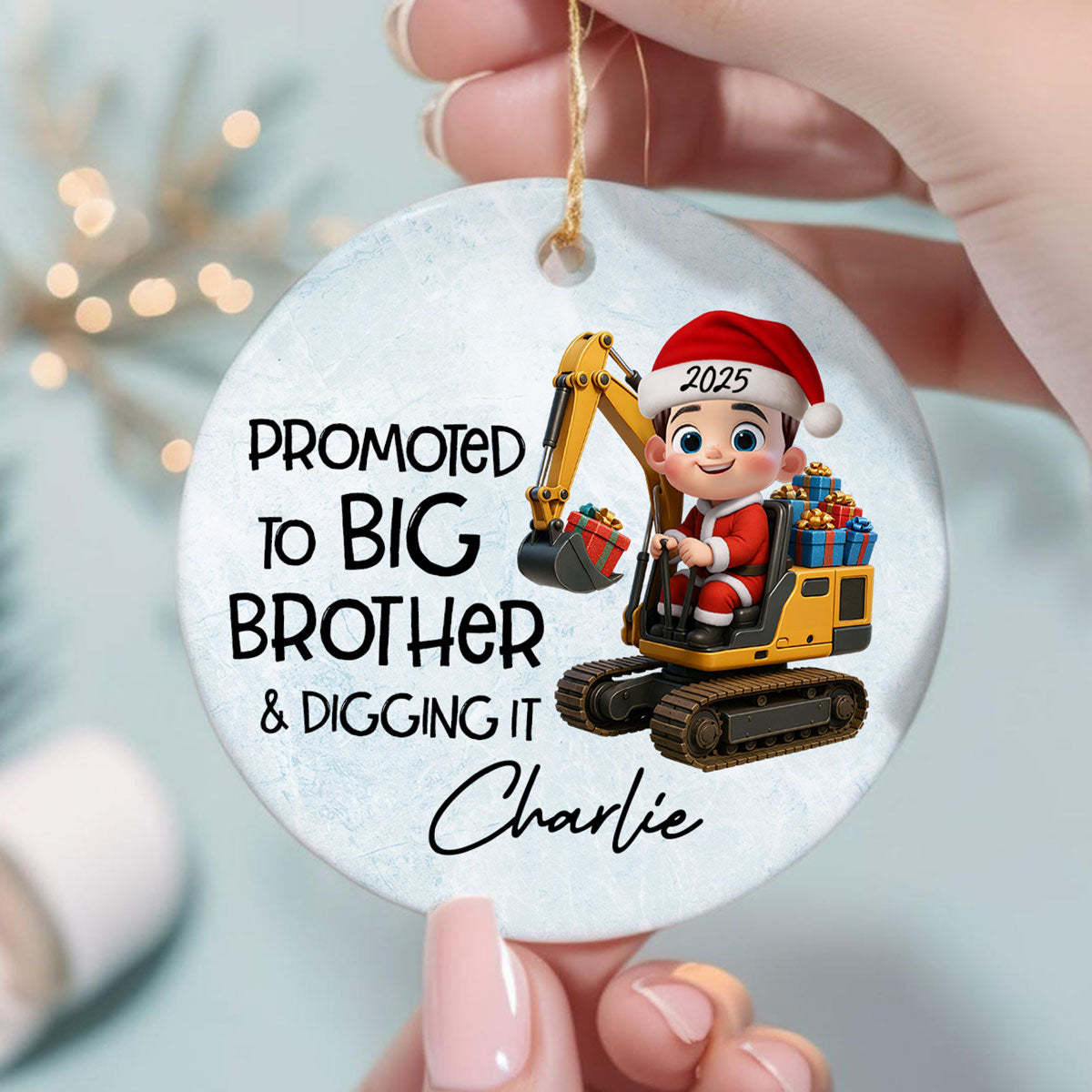Promoted To Big Brother & Digging It Kid Driving Excavator - Personalized Ceramic Ornament - Proud New Big Brother Gift