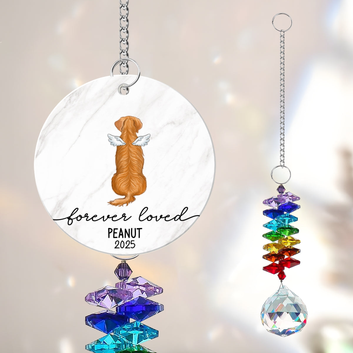 Dog Cat Memorial Forever Loved - Personalized Crystal Suncatcher With Charm - Memorial Remembrance Ornament Keepsake
