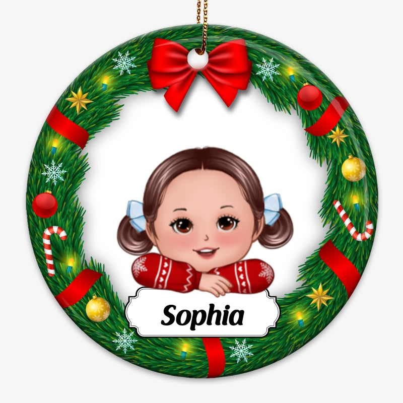 Cute Doll Kids Laying Head On Arms Inside Christmas Wreath Personalized Circle Ornament