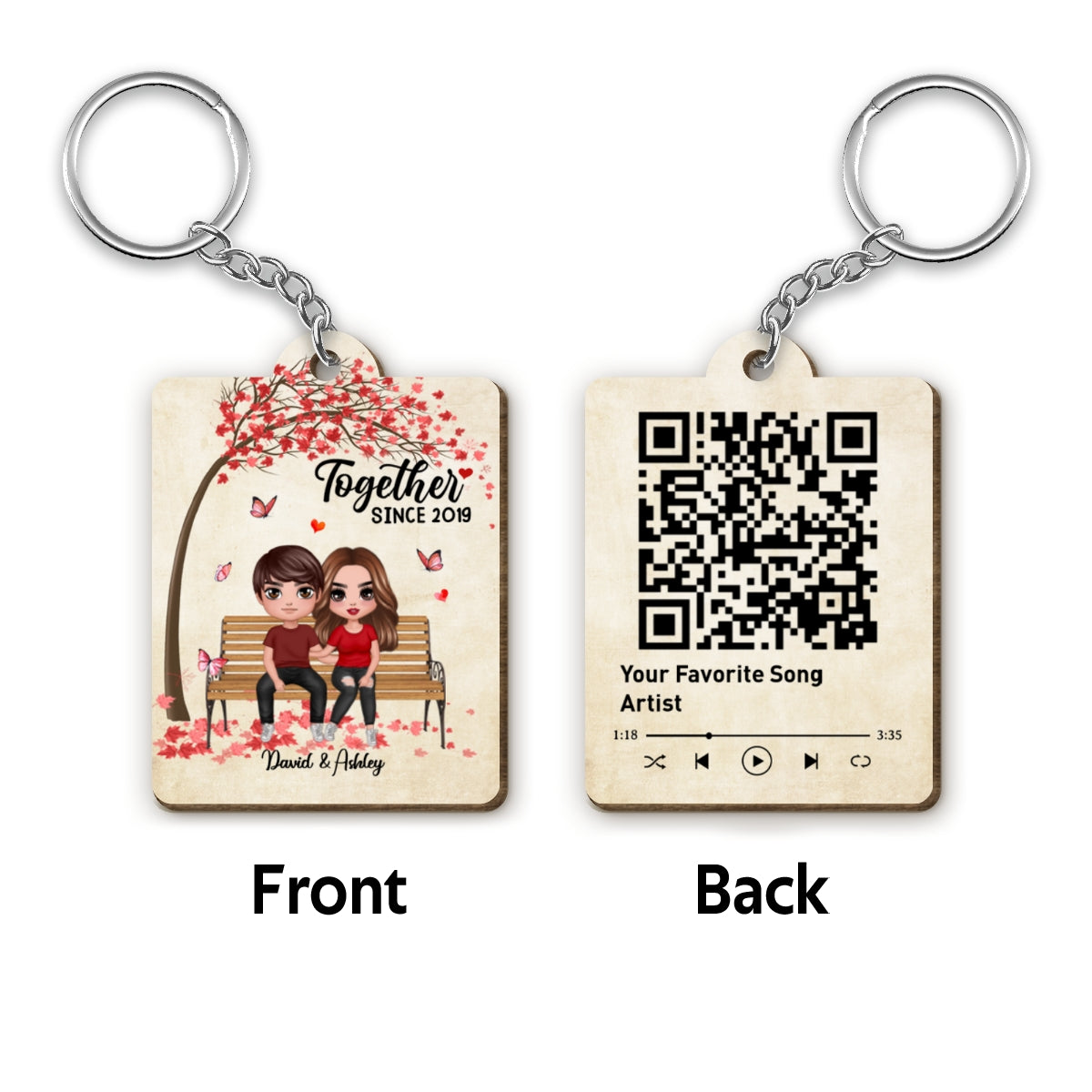Couple Sitting Under Tree Scannable QR Code Personalized Wooden Keychain