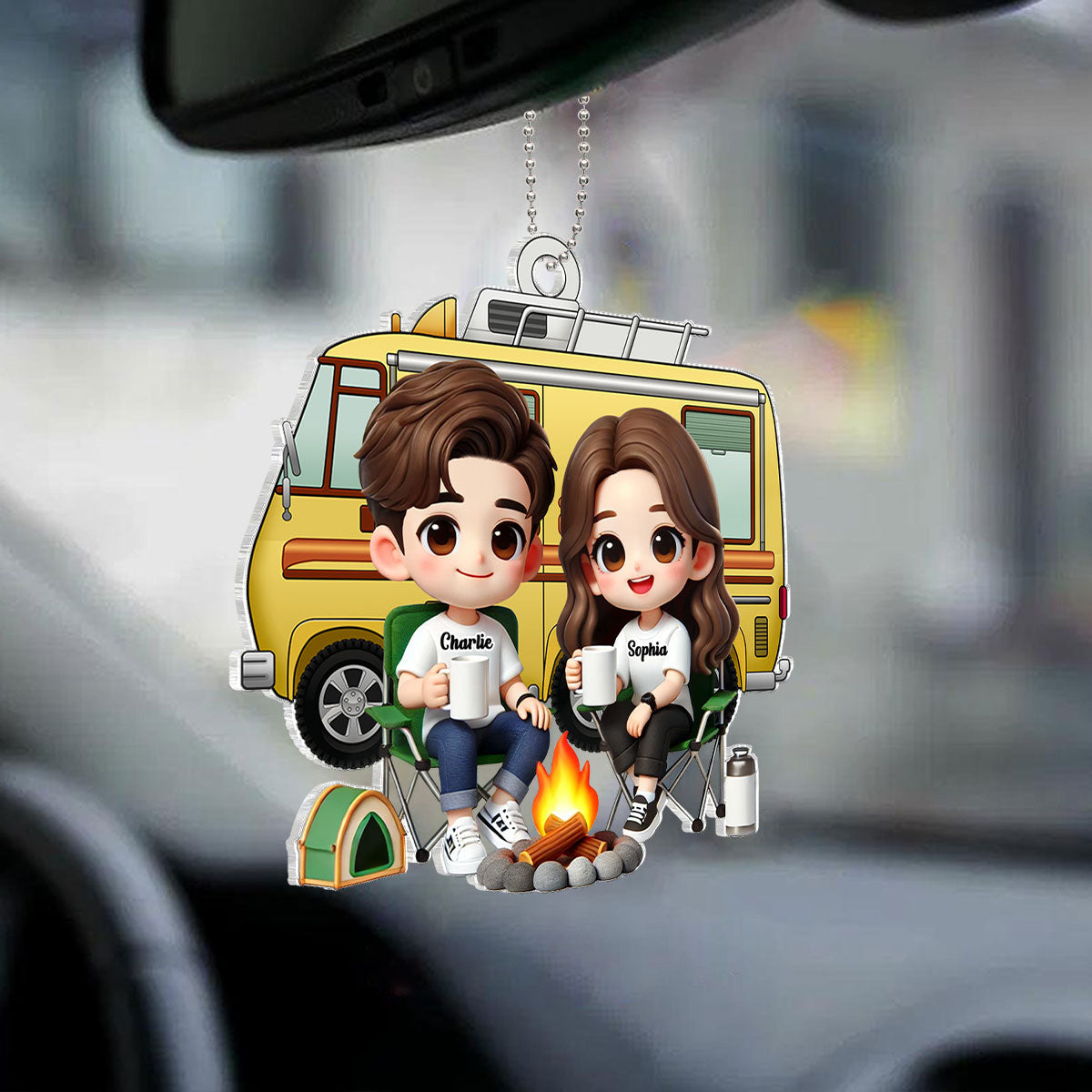 3D Effect Cute Cartoon Camping Couple Personalized Acrylic Car Hanger, Rear View Mirror, Valentine's Day, Anniversary, Birthday Gift for him, for her
