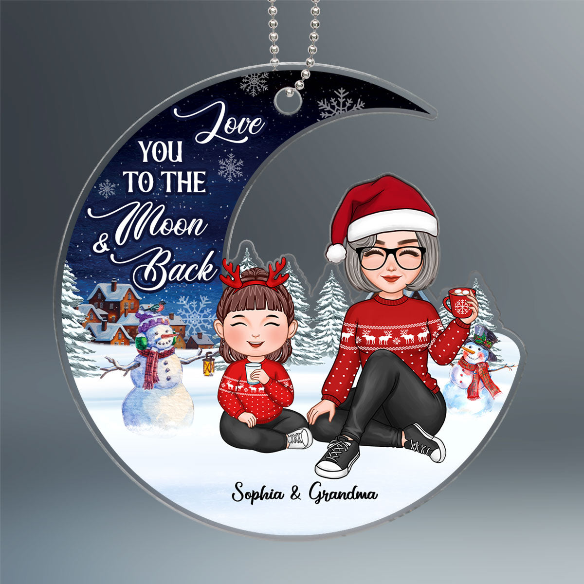 Love To The Moon Christmas Night Landscape Cute Grandma & Grandkid Personalized Acrylic Ornament