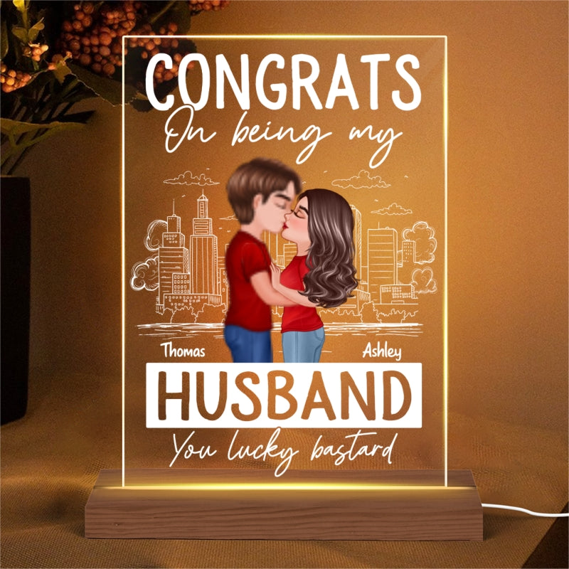 Doll Couple Kissing Congrats On Being Outline Sketch Background Personalized Rectagle Acrylic LED Night Light